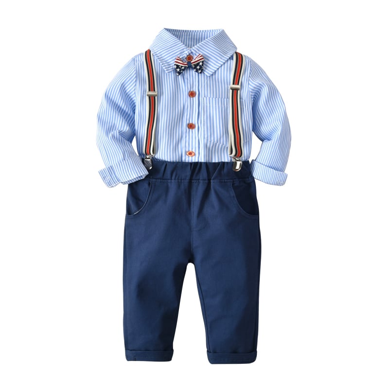 Kisbaba fiú hosszú ujjú csíkos ing és vállpántos nadrágos öltöny, több részes szett, 100% pamut, puha anyag, 1–3 éveseknek