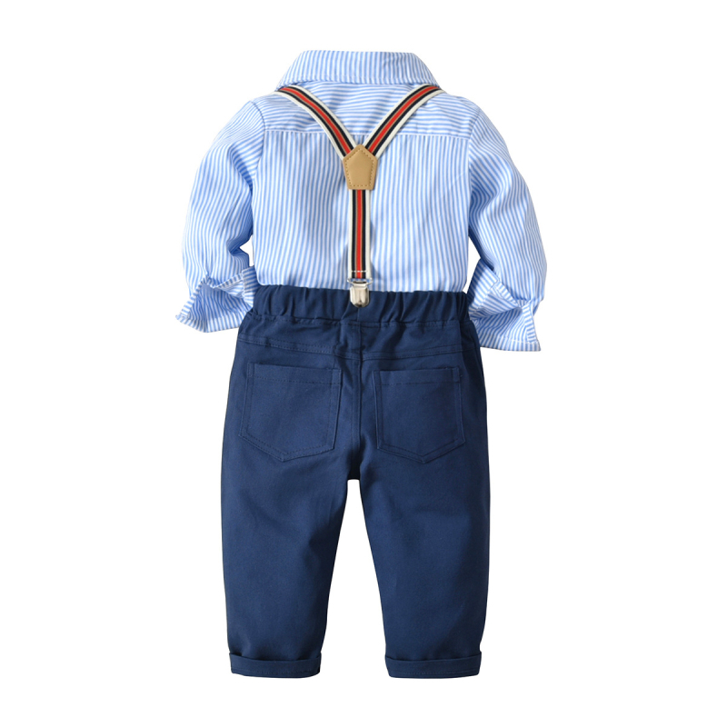 Kisbaba fiú hosszú ujjú csíkos ing és vállpántos nadrágos öltöny, több részes szett, 100% pamut, puha anyag, 1–3 éveseknek