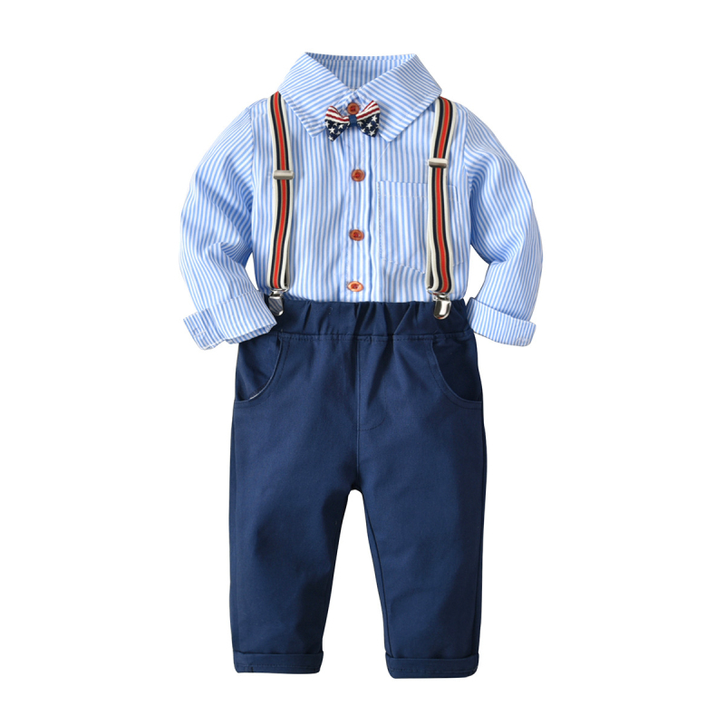 Kisbaba fiú hosszú ujjú csíkos ing és vállpántos nadrágos öltöny, több részes szett, 100% pamut, puha anyag, 1–3 éveseknek