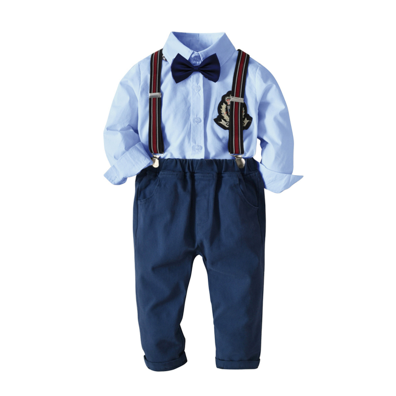Kisbaba fiú hosszú ujjú csíkos ing és vállpántos nadrágos öltöny, több részes szett, 100% pamut, puha anyag, 1–3 éveseknek