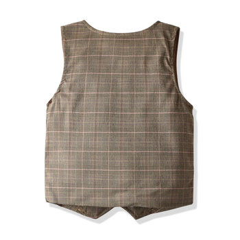 Σετ τεσσάρων τεμαχίων για αγόρια: διπλής στρώσης γιλέκο, ριγέ παντελόνια και πουκάμισο με γιακά, από 95% βαμβάκι, για ηλικίες 3–8 ετών.