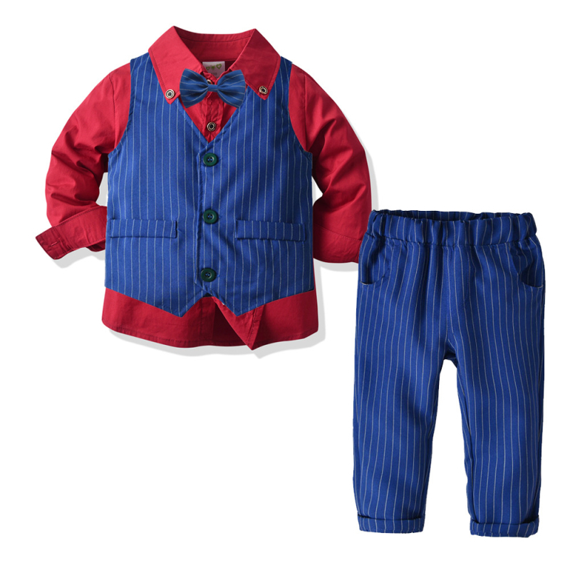 Σετ τεσσάρων τεμαχίων για αγόρια: διπλής στρώσης γιλέκο, ριγέ παντελόνια και πουκάμισο με γιακά, από 95% βαμβάκι, για ηλικίες 3–8 ετών.
