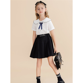 Kuyeebear Κοριτσίστικο πουκάμισο με κοντά μανίκια, κορεατική έκδοση, γιακά τύπου lapel, 100% βαμβάκι