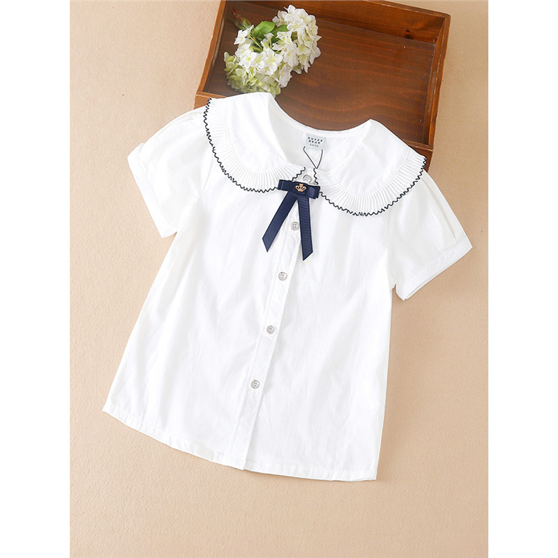 Kuyeebear Κοριτσίστικο πουκάμισο με κοντά μανίκια, κορεατική έκδοση, γιακά τύπου lapel, 100% βαμβάκι