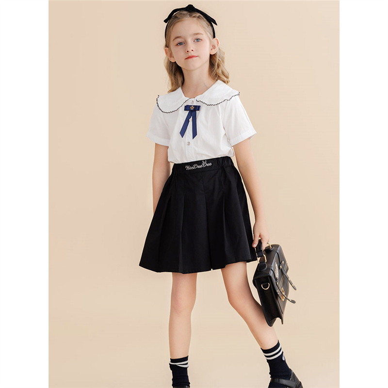 Kuyeebear Κοριτσίστικο πουκάμισο με κοντά μανίκια, κορεατική έκδοση, γιακά τύπου lapel, 100% βαμβάκι