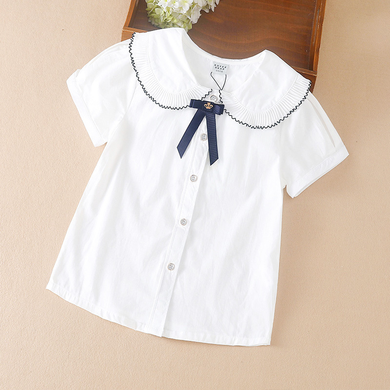 Kuyeebear Κοριτσίστικο πουκάμισο με κοντά μανίκια, κορεατική έκδοση, γιακά τύπου lapel, 100% βαμβάκι