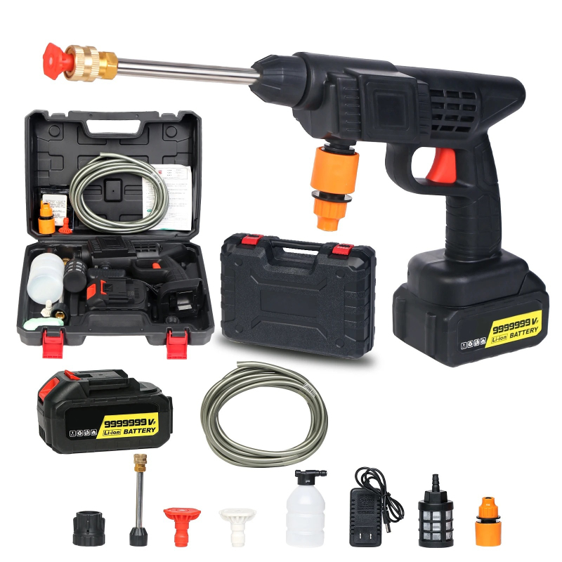 Rokasgriezīgs bezvadu auto mazgāšanas ierīce ar Li bateriju; maksimālais spiediens 50 bar, jauda 800 W, 10 L tilpums, plūsma 2–3 L/min