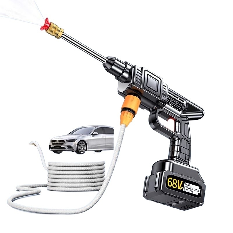 Rokasgriezīgs bezvadu auto mazgāšanas ierīce ar Li bateriju; maksimālais spiediens 50 bar, jauda 800 W, 10 L tilpums, plūsma 2–3 L/min