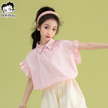 Betty детски комплект от две части с къс ръкав риза, лято 2025, свободен стил, памук, за деца над 8 години (над 140 cm)