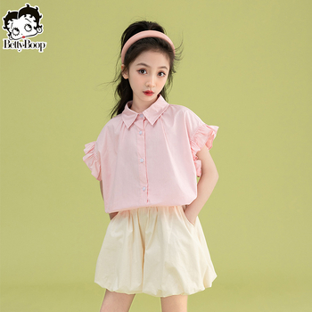 Betty детски комплект от две части с къс ръкав риза, лято 2025, свободен стил, памук, за деца над 8 години (над 140 cm)