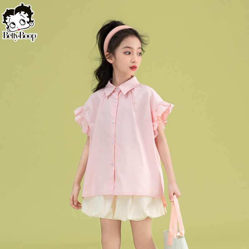 Betty детски комплект от две части с къс ръкав риза, лято 2025, свободен стил, памук, за деца над 8 години (над 140 cm)