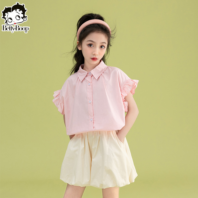 Betty детски комплект от две части с къс ръкав риза, лято 2025, свободен стил, памук, за деца над 8 години (над 140 cm)