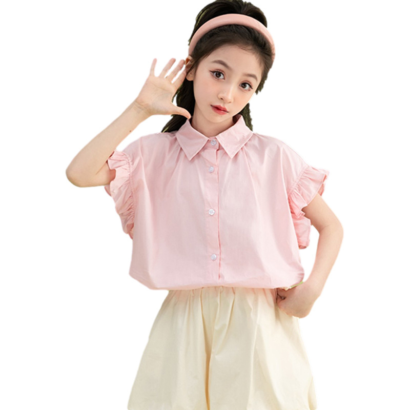 Betty детски комплект от две части с къс ръкав риза, лято 2025, свободен стил, памук, за деца над 8 години (над 140 cm)