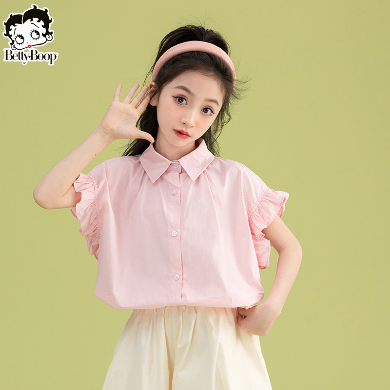 Betty детски комплект от две части с къс ръкав риза, лято 2025, свободен стил, памук, за деца над 8 години (над 140 cm)