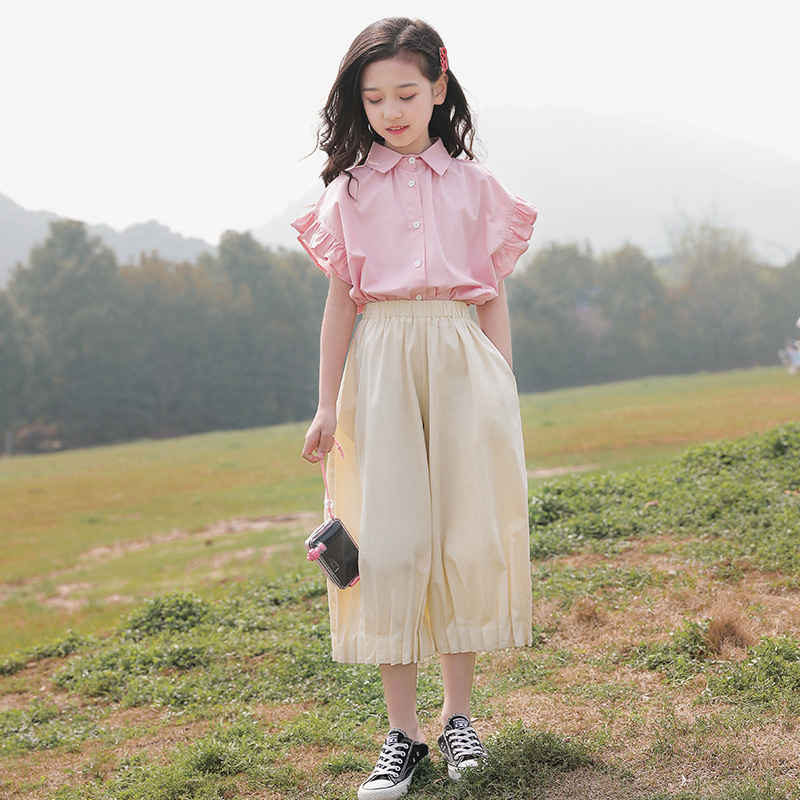 Betty детски комплект от две части с къс ръкав риза, лято 2025, свободен стил, памук, за деца над 8 години (над 140 cm)