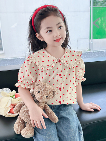Παιδικό βαμβακερό πουκάμισο με πουά, κοντό μανίκι, γιακά-κούκλα, καλοκαιρινό για κορίτσια 3–8 ετών