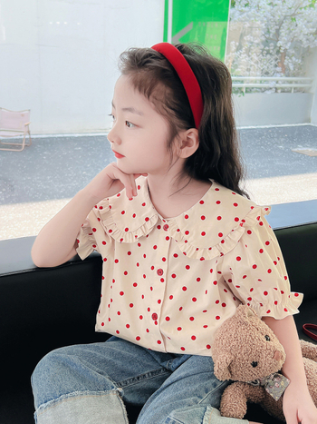 Παιδικό βαμβακερό πουκάμισο με πουά, κοντό μανίκι, γιακά-κούκλα, καλοκαιρινό για κορίτσια 3–8 ετών