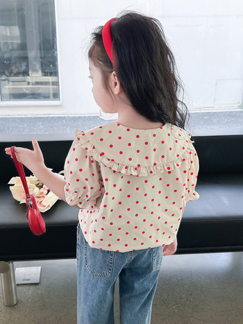 Παιδικό βαμβακερό πουκάμισο με πουά, κοντό μανίκι, γιακά-κούκλα, καλοκαιρινό για κορίτσια 3–8 ετών