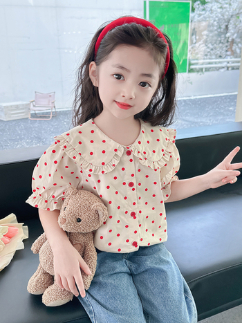 Παιδικό βαμβακερό πουκάμισο με πουά, κοντό μανίκι, γιακά-κούκλα, καλοκαιρινό για κορίτσια 3–8 ετών