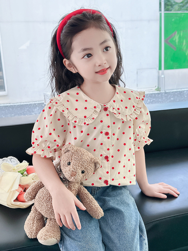 Παιδικό βαμβακερό πουκάμισο με πουά, κοντό μανίκι, γιακά-κούκλα, καλοκαιρινό για κορίτσια 3–8 ετών