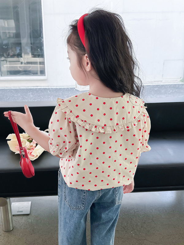 Παιδικό βαμβακερό πουκάμισο με πουά, κοντό μανίκι, γιακά-κούκλα, καλοκαιρινό για κορίτσια 3–8 ετών