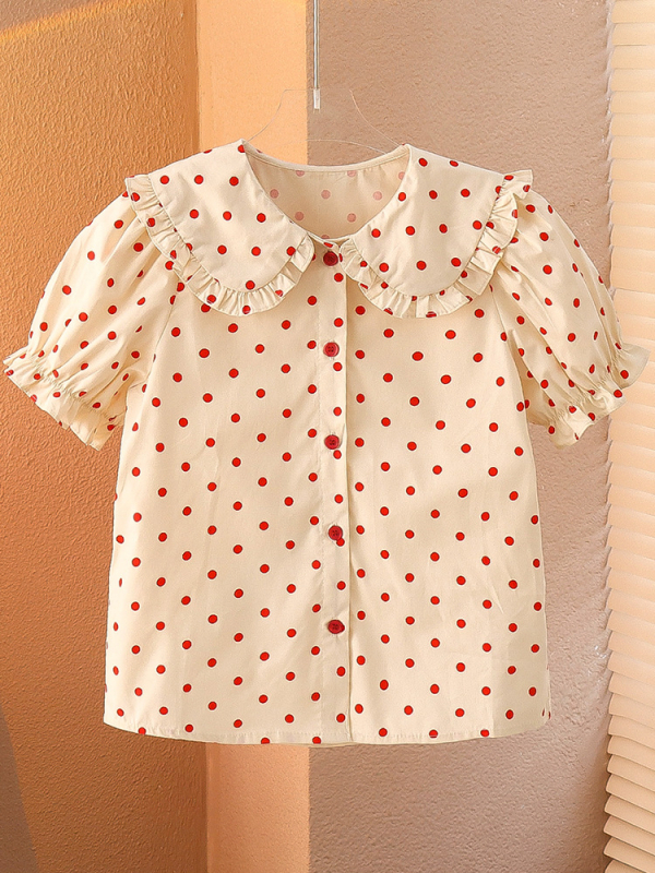 Παιδικό βαμβακερό πουκάμισο με πουά, κοντό μανίκι, γιακά-κούκλα, καλοκαιρινό για κορίτσια 3–8 ετών