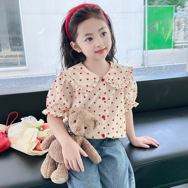 Παιδικό βαμβακερό πουκάμισο με πουά, κοντό μανίκι, γιακά-κούκλα, καλοκαιρινό για κορίτσια 3–8 ετών