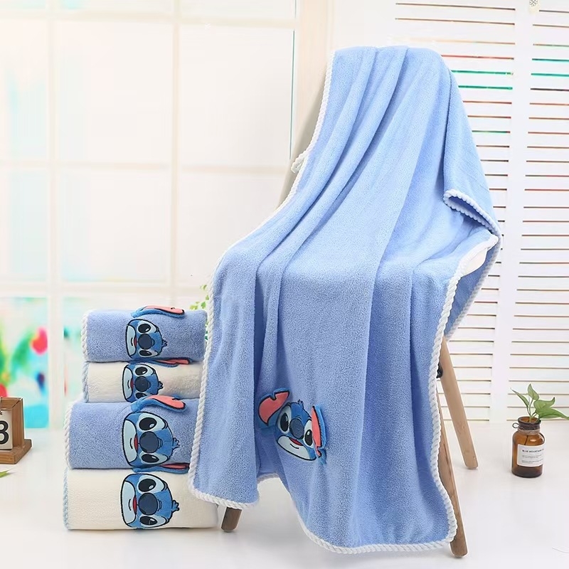 Stitch комплект кърпи за баня от коралов велур за възрастни - бродерия, ушиване, 280 г, бързосъхнеща, попивателна