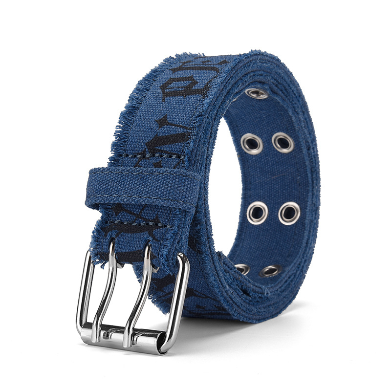 Farmernadrág öv – vászon anyagú, vas csattal, tűs csattal, szélesség 2–4 cm, lyukasztás és dombornyomás