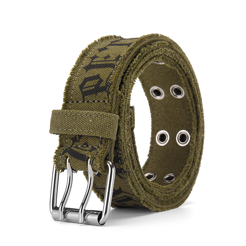 Farmernadrág öv – vászon anyagú, vas csattal, tűs csattal, szélesség 2–4 cm, lyukasztás és dombornyomás