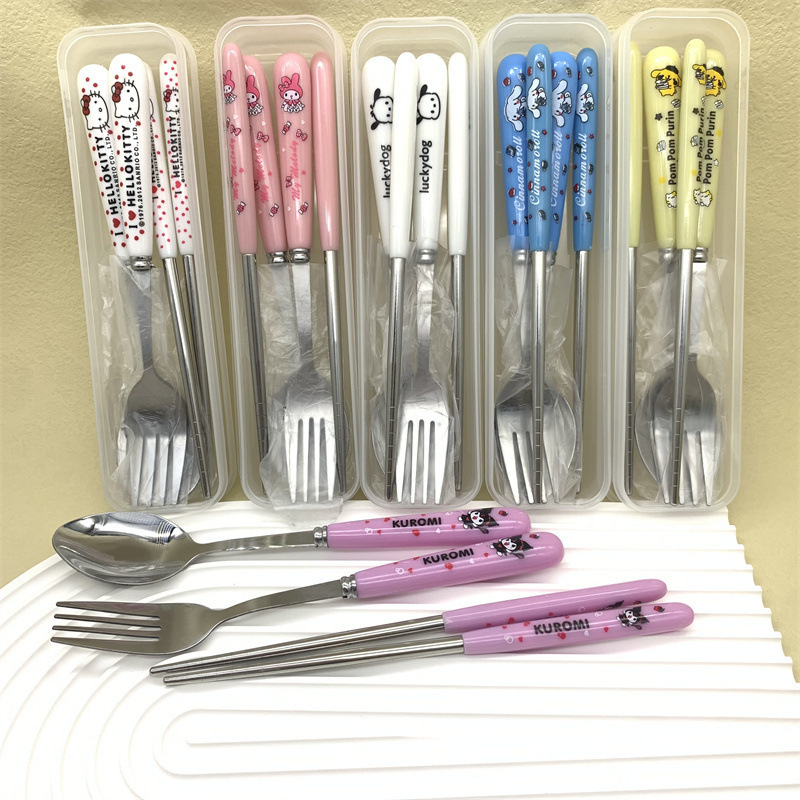 Комплект прибори за хранене от неръждаема стомана: лъжица, вилица и клечки за хранене, 304 неръждаема стомана, полирана повърхност