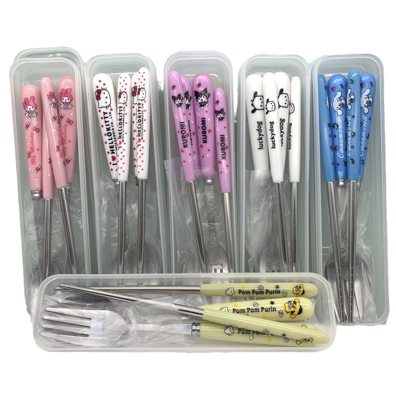 Комплект прибори за хранене от неръждаема стомана: лъжица, вилица и клечки за хранене, 304 неръждаема стомана, полирана повърхност