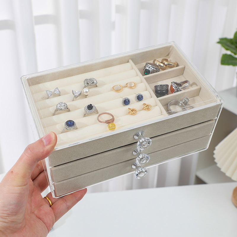 Akrilinė juvelyrinių dėžuė su kelių skyrių stalčiais, skaidri laikymo vieta ant makiažo stalo, dulkių apsauga, antioksidacija