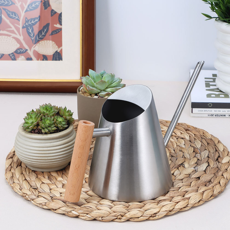 Rozsdamentes acél öntöző kanna fa fogantyúval, kúpos kialakítású permetező, otthoni erkélykerthez, E-PALACE