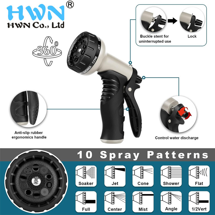 Nerūsējošā tērauda dārza šļauka, elastīga un izturīga; ABS pistoles galva un ABS rokturis; izsmidzināšanas attālums 10 m; darba spiediens 600-800; piemērots automašīnu mazgāšanai, laistīšanai, ziedu tīrīšanai un dārza apūdeināšanai.