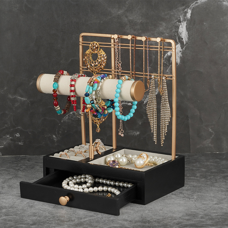 Feicon kétrétegű ékszerállvány vasból és fából, négyzet alakú kiállító állvány gyűrűknek, fülbevalóknak, karkötőknek és nyakláncoknak