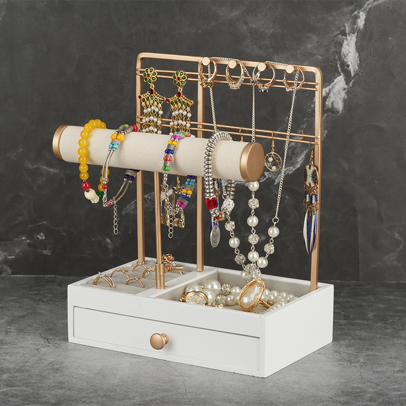 Feicon kétrétegű ékszerállvány vasból és fából, négyzet alakú kiállító állvány gyűrűknek, fülbevalóknak, karkötőknek és nyakláncoknak