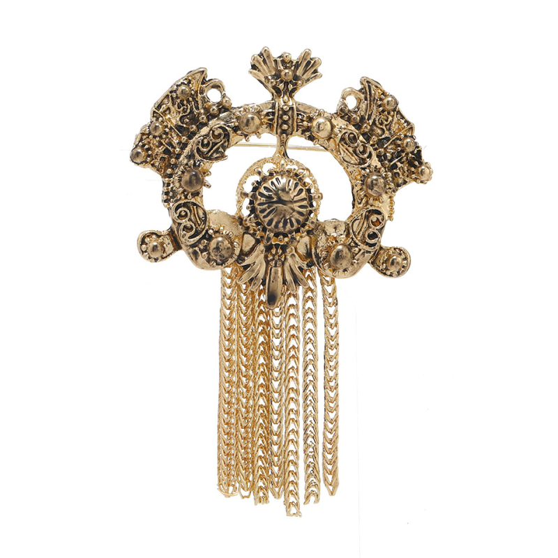 Brošs no sakausējuma; elektroplēšana; metāla ģeometriski tassels retro stilā; dekorācijas un droša piestiprināšana.