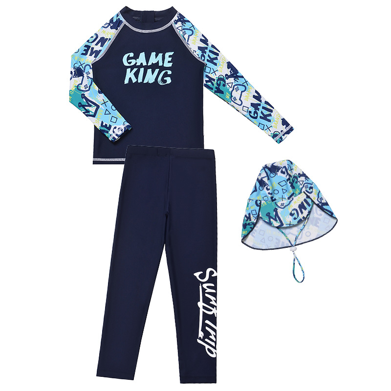 Детски бански за плуване – разделен комплект с дълъг ръкав и дълги панталони, карикатурен принт; плат: полиестер 85%; подплата: полиестер със спандекс 15%