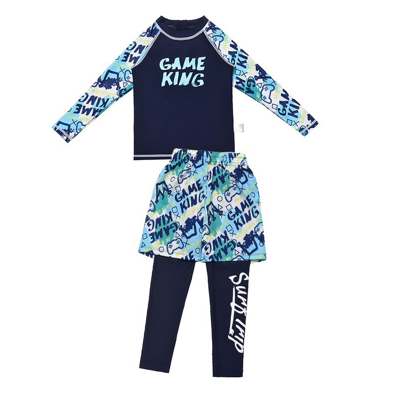 Детски бански за плуване – разделен комплект с дълъг ръкав и дълги панталони, карикатурен принт; плат: полиестер 85%; подплата: полиестер със спандекс 15%