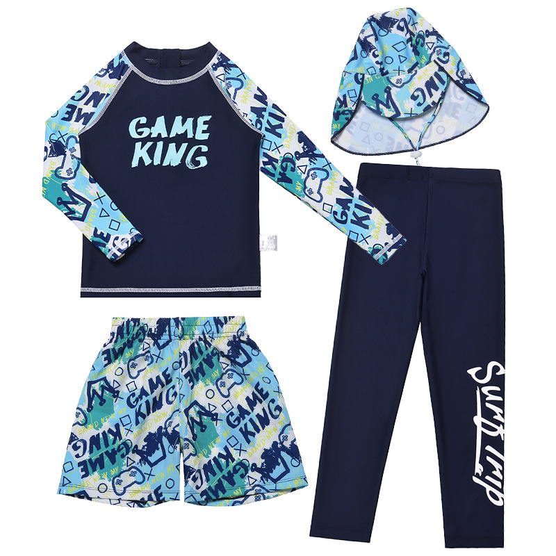 Детски бански за плуване – разделен комплект с дълъг ръкав и дълги панталони, карикатурен принт; плат: полиестер 85%; подплата: полиестер със спандекс 15%