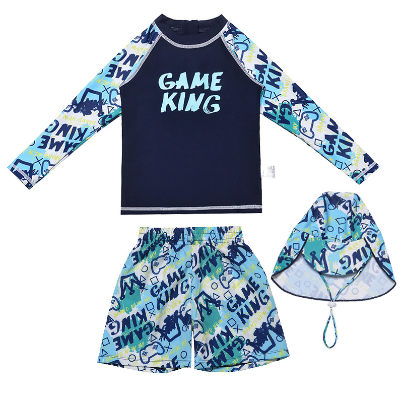 Детски бански за плуване – разделен комплект с дълъг ръкав и дълги панталони, карикатурен принт; плат: полиестер 85%; подплата: полиестер със спандекс 15%