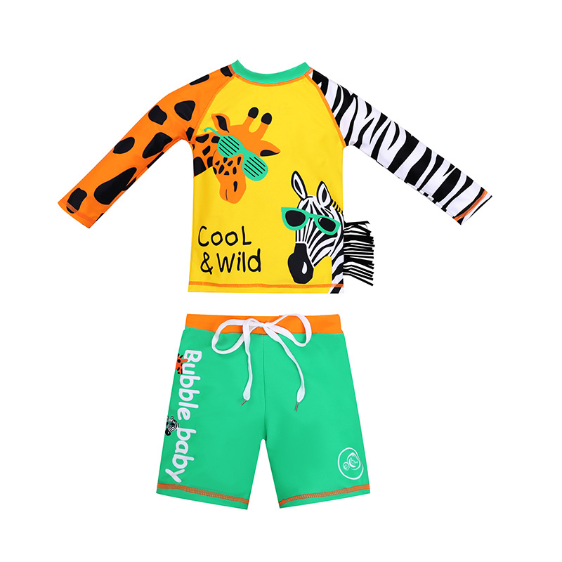 Детски дълъг ръкав бански със разделен дизайн за момчета – карикатура в корейски стил, висока еластичност, полиестер 85%, подплата 100%, тегло на тъканта 200 g, възраст 1–8 г