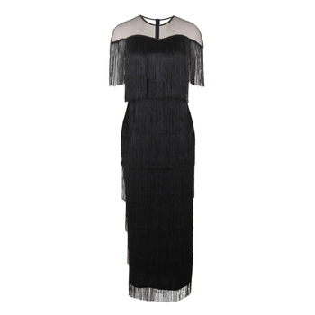 AOMEI μακρύ φόρεμα με διχτυωτή ίνα και φούντες, υψηλή μέση, στρογγυλό λαιμόκοψη, κοντά μανίκια, πολυεστέρας