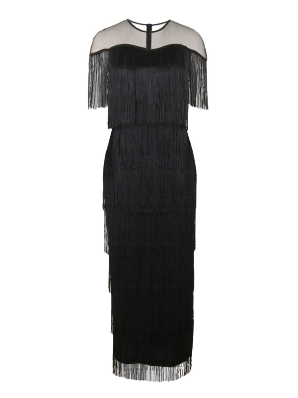 AOMEI мрежеста рокляс пискюли, висока талия, кръгло деколте, къси ръкави, дълга рокля, полиестер