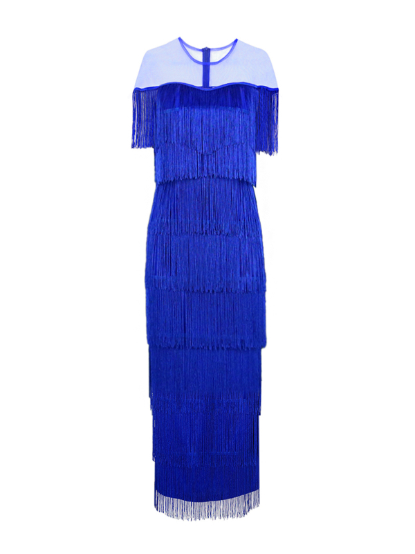 AOMEI мрежеста рокляс пискюли, висока талия, кръгло деколте, къси ръкави, дълга рокля, полиестер