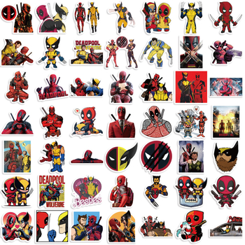 Telefonu lietu un bagāžas uzlīmju komplekts – 50 lapas ar Deadpool un Wolverine, karikatūrisks stils, PVC materiāls, uzlīmes un apdruka, logotipa apdruka iespējama, zīmols Suye