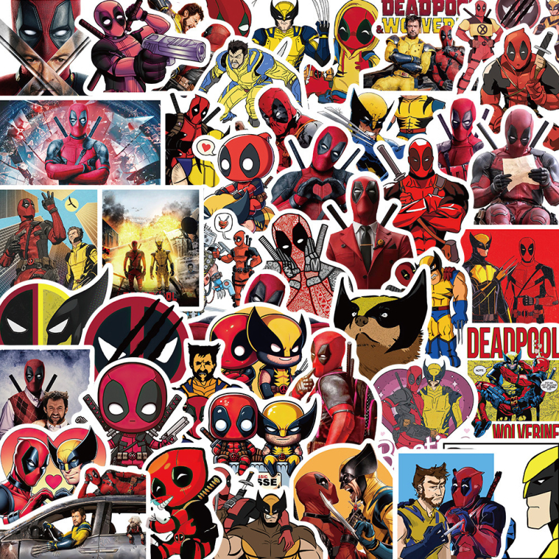 Telefonu lietu un bagāžas uzlīmju komplekts – 50 lapas ar Deadpool un Wolverine, karikatūrisks stils, PVC materiāls, uzlīmes un apdruka, logotipa apdruka iespējama, zīmols Suye