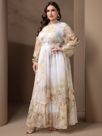 Рокля с растителен мотив, шифон (полиестер 95%+), елегантен стил, дълга дължина