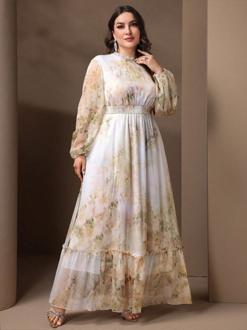 Рокля с растителен мотив, шифон (полиестер 95%+), елегантен стил, дълга дължина